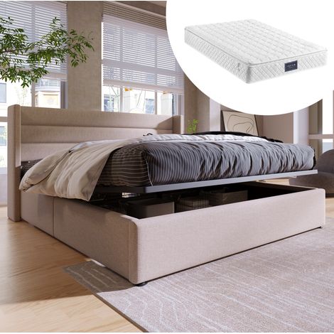 Lit coffre rembourré en lin beige 140x200 cm avec matelas, sommier à lattes et ouverture hydraulique (1/5)