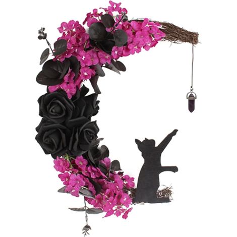Weihnachtskranz in Form einer Katzenhexe im gotischen Stil in Mondform für Halloween – Pflaumenrot und schwarze Rose