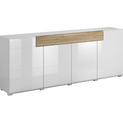 Petits-Meubles – Buffet 4 portes 1 tiroir blanc laqué et bois chêne San Remo – Dimensions 208 x 39 x 82 cm – Ouverture 'Push to open' – Fabrication européenne (1/3)