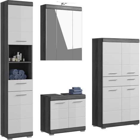 Badezimmermöbel Set 4-teilig modern in Hochglanz weiß mit grau SIROCO-158 (1/5)