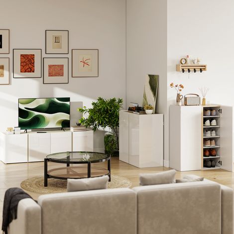 Meuble TV bas 4 portes fermeture amortie tablettes modulables passe-câbles intégrés 135 x 38 x 45 cm blanc (1/5)
