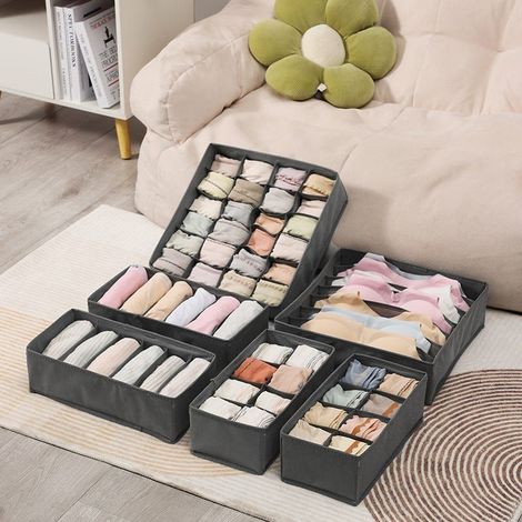 Organiseur de tiroir pliable, lot de 6 boîtes de rangement non tissées pour sous vêtements, soutiens gorge et chaussettes Gris foncé (1/5)