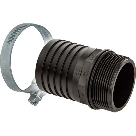 tecuro gerade Schlauchtülle Ø 60 mm x 2 Zoll AG mit O-Ring NBR, mit Edelstahlschlauchschelle, PP-schwarz (1/5)