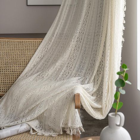 Rideaux en dentelle style bohème 2 panneaux, voile filtrant la lumière préservant l'intimité, adaptés au salon et chambre, dimensions 150 x 130 cm (1/5)