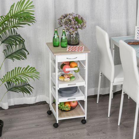 Chariot de cuisine gain de place en pin et MDF, avec tiroir, panier, 2 plateaux et 4 roulettes pivotantes, 37 x 37 x 82 cm, blanc (1/5)