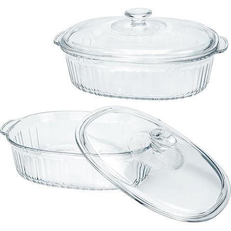 Lot de 2 Cocottes en Verre Borosilicate, Plats à Four Ovales 1,8 L et 3 L