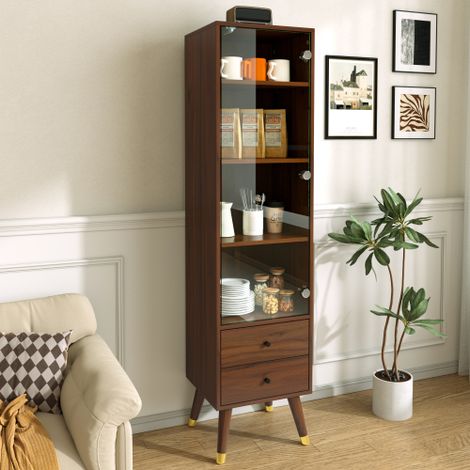 Mobile alto moderno con anta in vetro, vetrina con ripiani regolabili e 2 cassetti, mobile indipendente per soggiorno, bagno e ufficio con finitura effetto legno di noce. (1/5)
