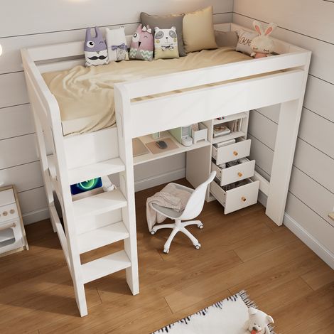 Hochbett Einzelbett mit L-Schreibtisch, 3 Regalen, 3 Schubladen und USB und Type-C, 90 x 200 cm, ohne Matratze