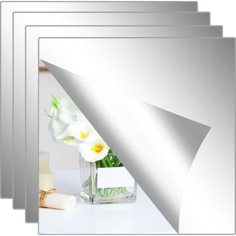 Lot de 4 miroirs autocollants, 20 x 20 cm, film miroir, miroir mural, acrylique, épaisseur 1 mm, miroirs autocollants pour salle de bain, salon, chambre, placard (1/5)