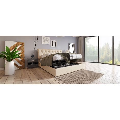Cama 140x200 cm de lino natural con almacenaje, para guardar ropa, sin colchón – MEUBLIV (1/5)
