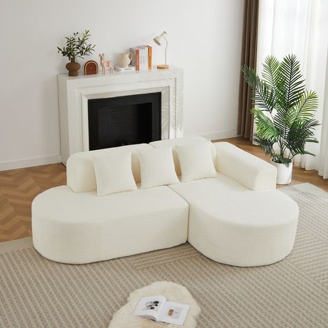Canapé d’angle 222 x 157 x 73 cm en chenille beige, méridienne à droite FloraGrace (1/5)