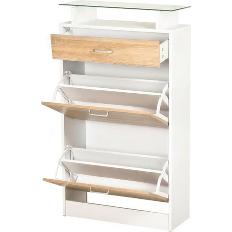 Zapatero con diseño contemporáneo, 2 puertas abatibles, vidrio y melamina blanco y roble claro (1/5)