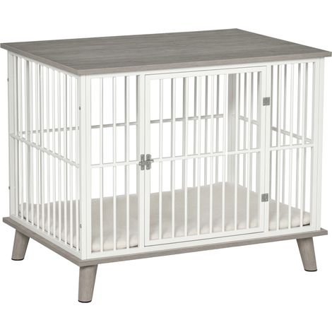 Hundetransportbox aus Holz mit Kissen, 86 x 60 x 70 cm, Material: Holz und Stahl, Farbe: Weiß und Grau
