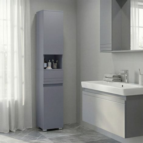 Armoire de Salle de Bain, Meuble de Salle de Bain avec Un Tiroir, Étagères Ajustables, Compartiment Ouvert, 30 x 30 x 170 cm, Gris (1/5)
