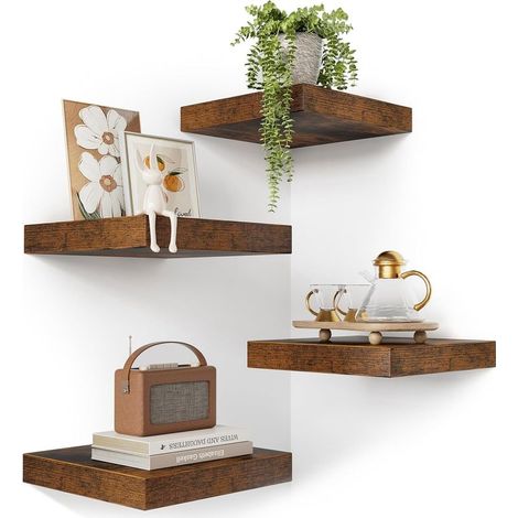 Étagère Murale Lot de 4, 25253.8cm Étagère Murale Bois, Étagere Murale Fixation Invisible, Floating Shelves pour Salle de Bain, Chambre, Cuisine, Toilette, Livre, Salon - Noir Carbonisé (1/5)