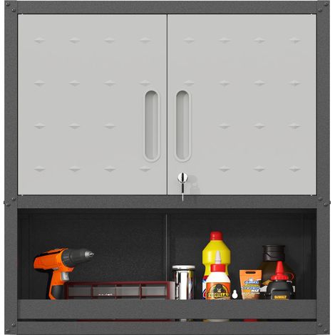 Armoire à outils murale en métal avec porte verrouillable, 1 étagère et 1 compartiment ouvert – 75 × 77 × 30 cm, gris, pour garage, entrepôt ou bureau (montage requis)