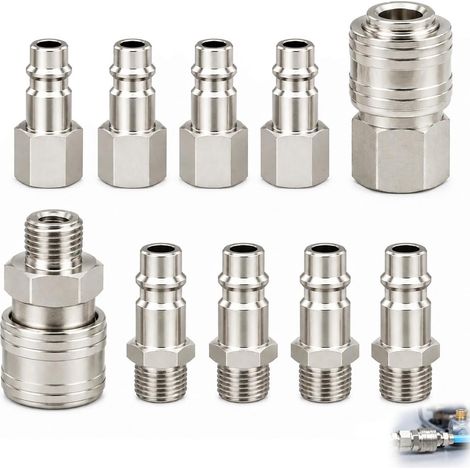 Schnellkupplungen für Pneumatik – 10 Stück – Vernickelter, gehärteter Stahl – Wasserdichte Verbindung für Kfz, Werkstatt und Baustelle – Silber (1/5)