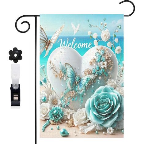 Drapeau de jardin roses turquoise et bord de mer 30 x 45 cm décoration terrasse et extérieur (1/5)