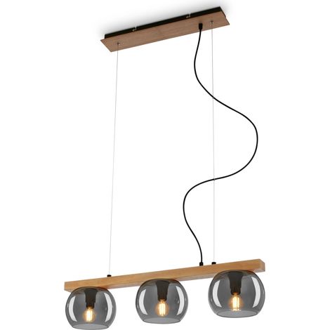 Lampe à suspension à 3 pistons, verre fumé, plafonnier, lampe, abat-jour en verre fumé, suspension, lustre, lampe de chambre à coucher, bois noir (1/5)