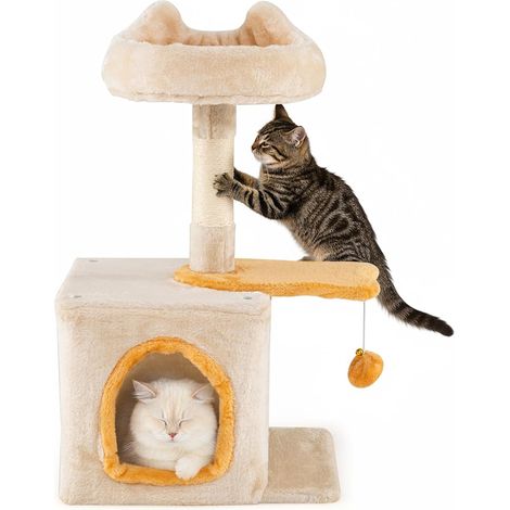 COSTWAY Petit Arbre à Chat 61 cm, Condo, Poteaux à Griffer en Sisal, 2 Plateformes, Arbre a Chat Design de Poisson, Pompon Suspendu, Tour pour Chaton à 3 Niveaux, Tissu Doux, 40 x 30 x 61 cm (61 cm) (1/5)