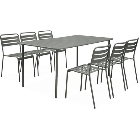 Table de jardin en métal kaki Amélia + 6 chaises. traitement antirouille. lattes et bords arrondis (1/5)