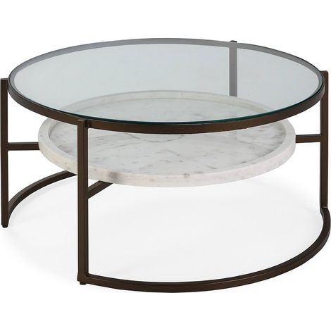 Table à café verre et marbre blanc finition bronze antique - Transparent verre marbre blanc bronze antique (1/2)