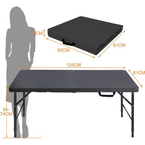 Table de Jardin Pliante 125 cm Robuste Hauteur réglable Poignée de transport Charge 135 kg Noire intérieur et extérieur (1/5)