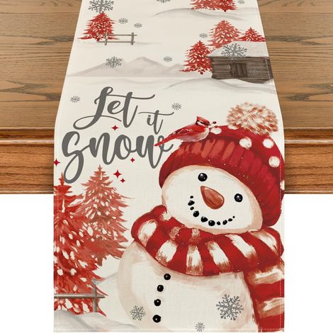 Runner da tavolo rosso con motivo pupazzo di neve e uccello - Lavabile - Moderno - Inverno - Cucina - Tavolo da pranzo - Decorazione 40 x 140 cm, STILE 2 (1/3)