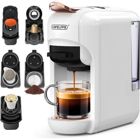 Machine à café 5 en 1 avec réglage du volume de café et pression de 19 bars, pour capsules NS, DG, Kcup, dosettes ESE et café moulu, 0,6 l, blanche (1/5)