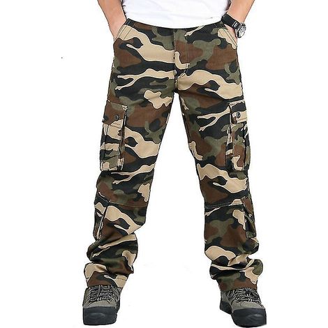 Herren-Cargohose im Militär-Tarnmuster, robuste Arbeitshose im Militärstil – Größe 42 – Khaki