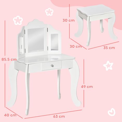 Coiffeuse pour enfant (avec tabouret et miroir à trois faces), en bois et acrylique, 63 x 40 x 85,5 cm, blanche (1/5)