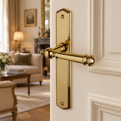 Ouvre&Déco - 2 poignées de porte ATTILA en laiton poli doré – Entraxe 195 mm – Sans trou de clé bec-de-cane – Style classique chic