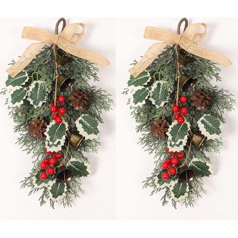 Couronne de Noël pour porte d'entrée – 2 pièces, 40 cm, avec clochettes, larmes d’hiver et nœud papillon orné de baies rouges