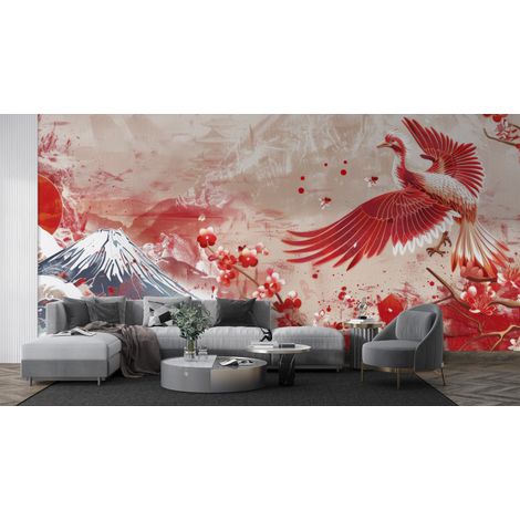 Papier peint animaux - phénix rouge volant près du mont fuji - 150 x 250 cm (1/2)