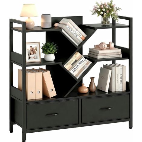 Rolling Bookcase with 2 Drawers & Wheels - Freestanding Metal Frame Cube Shelf for Living Room, Bedroom, Study & Office