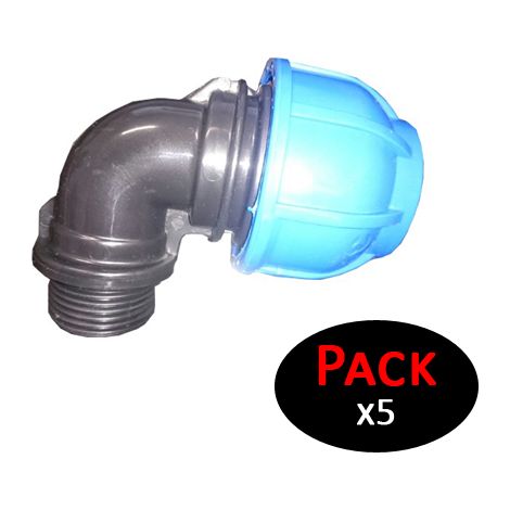 Codo macho PE 32mm (Pack de 5 unidades)  Codo macho fabricado en polietileno de 32mm x 1" Producto de alta calidad con certificado Aenor. Pack de 5 unidades.  Oferta exclusiva (1/2)