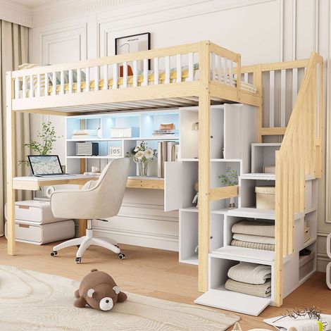 Lit mezzanine 90x200 cm avec LED, bureau intégré, échelle avec rangements, étagères, compartiments de rangement, lit enfant en bois blanc et naturel, sans matelas (1/5)
