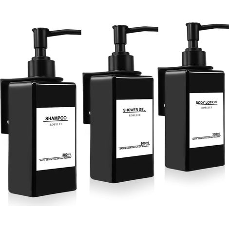 3 Pièces Distributeur de Savon Mural, Distributeur Savon Douche Noir, 300ml Flacon Pompe Vide No Perçage avec Étiquettes pour Cuisine et Salle de Bain (1/5)