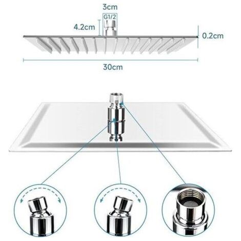 NALOOKAMIC Carré,Pommeau de Douche Anti-Calcaire, Tête de Douche Pluie Economiseur d'Eau avec Buse en Acier Inoxydable 12 pouces/30cm finition Chrome Poli (Miroir) (1/3)