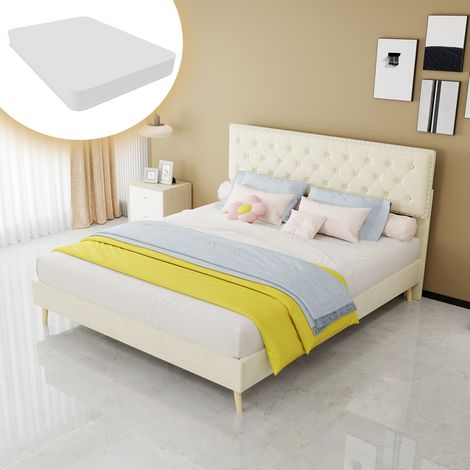 Polsterbett 160x200 cm Stoff/Metall beige mit Kopfteil, Stauraum, Matratze – MEUBLIV (1/5)