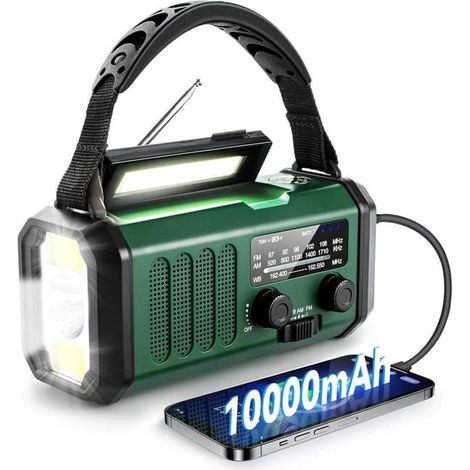 Radio d'urgence 10000mAh avec lampe torche, manivelle solaire, AM/FM, alarme SOS, chargement USB-C, vert militaire.