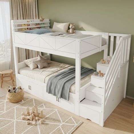 Lit superposé enfant 90x200 cm avec escalier de rangement, placards sous le lit, étagère à livres et garde-corps Blanc (1/5)