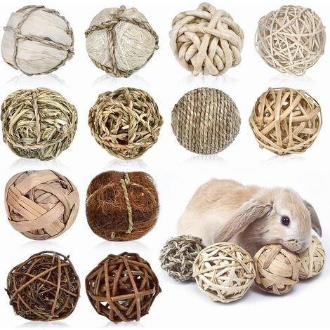 12 Pcs Chew Toys for Small Animals Natural Chew Balls - 6.5-7cm Chew Balls Toys for Hamster Rabbit Guinea Pig Chinchilla - Wicker Grass Rope (1/5)