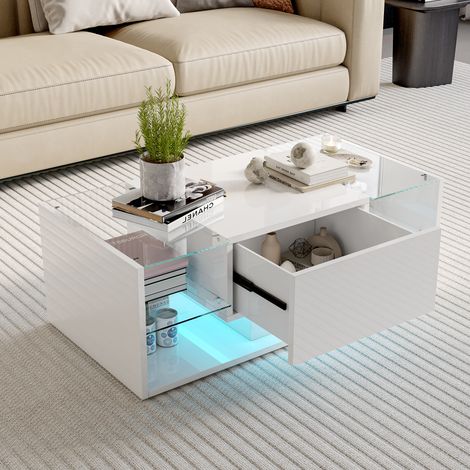Table basse LED flottante avec tiroir et rangement, Table Basse salon moderne style, 100x50x35 cm, pour Canapé et Chambre, Blanc (1/5)