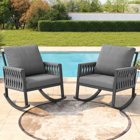 Silla Mecedora de Exterior con Reposabrazos de Cuerda Trenzada, Cojines, Estructura de Hierro Gris