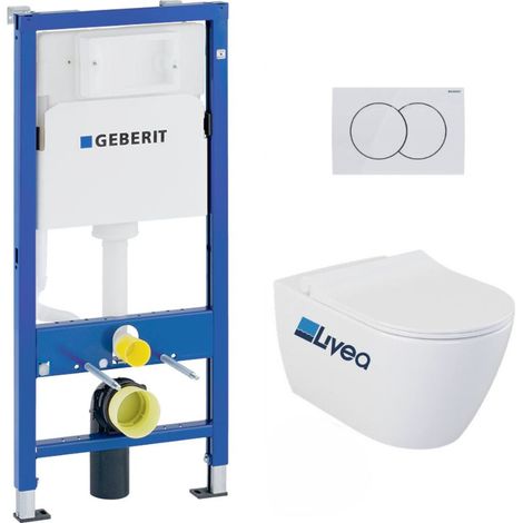 Pack WC Bati-support Geberit UP100 + WC sans bride Livea Bello + Abattant softclose + Plaque Blanc alpin ( Livea BelloGeb1)