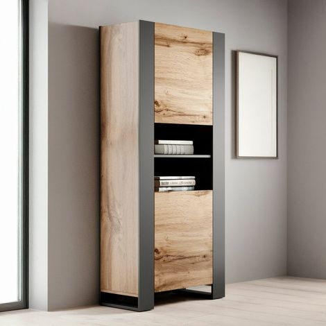 Vitrina Manerbio, Vitrina de Salón con Dos Puertas y Compartimentos Abiertos, Elevada del Suelo, 65x40 h171 cm, Roble Nudo y Antracita