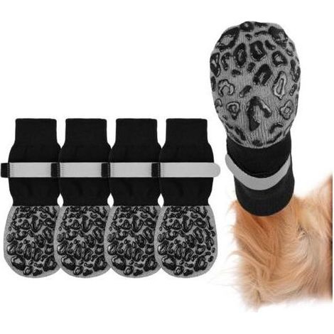 Rutschfeste Hundesocken, Schwarzer Leopardenprint, 2 Paar Hundesocken, Verstellbar, Doppelseitiger Pfotenschutz, Socken für kleine Hunde, mittelgroße Hunde, Katzen (L) (1/4)