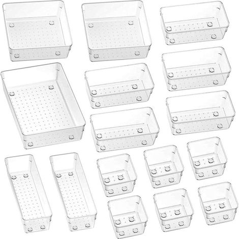 Lot de 16 Organisateurs de Tiroir en Plastique Transparent, 5 Tailles Modulaires avec Pieds Antidérapants, Rangement pour Cuisine Bureau Maquillage Papeterie (1/4)