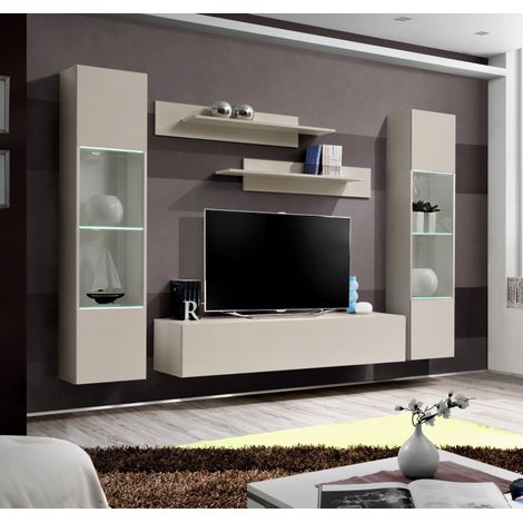 Ensemble meuble TV mural Fly A3 avec vitrine et éclairage LED - Bois MDF cachemire - 240 x 170 x 40 cm - Livraison gratuite